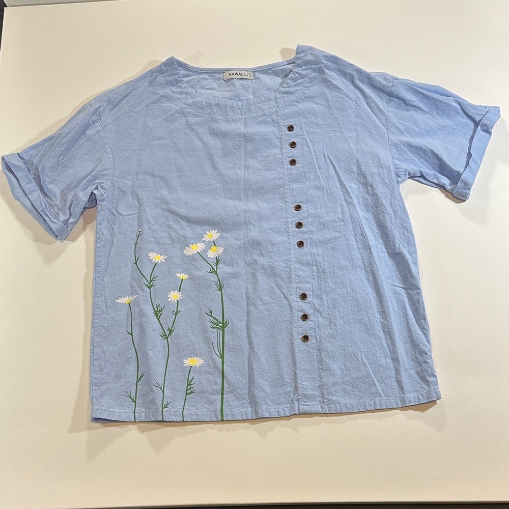Hawalili Blue Cotton Embroidered Daisy Top Women’s Large